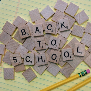  Back to School spelled with Scrabble Tiles